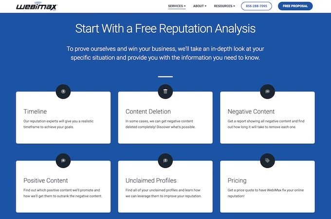 Screenshot of WebiMax landing page showing what’s included with a free reputation analysis.