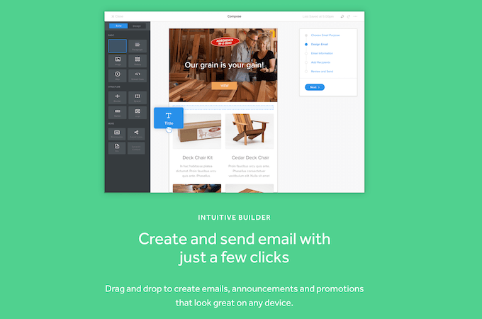 Weebly marketing landing page with example of email builder