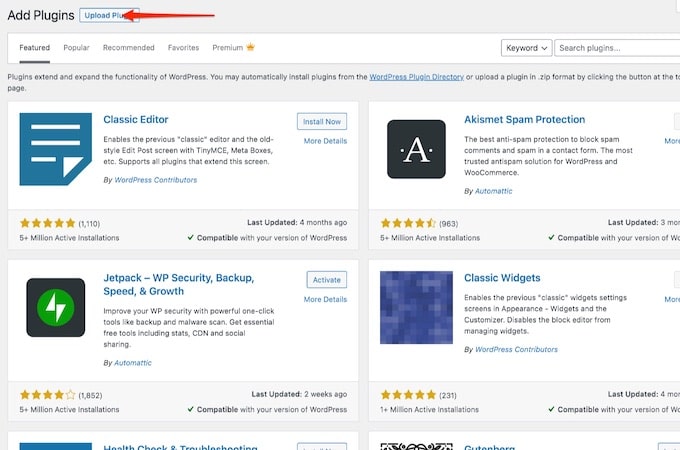A screenshot of the add plugins screen on WordPress with red arrow pointing to upload plugin.