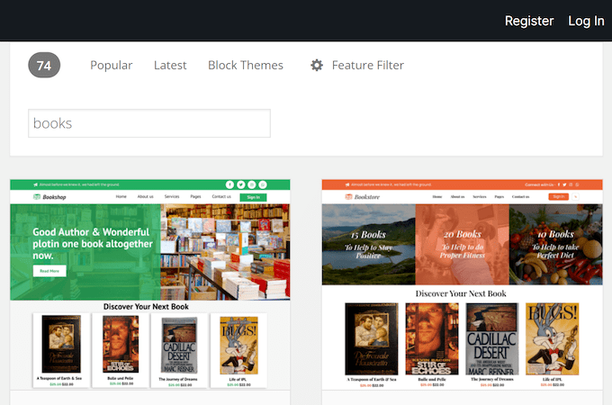 A screenshot of the WordPress theme store.