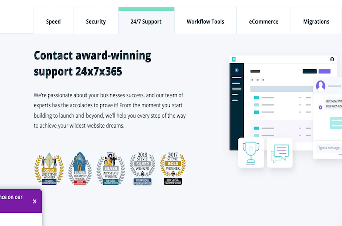 Description of WP Engine customer support with image depicting customer support dashboard to the right.