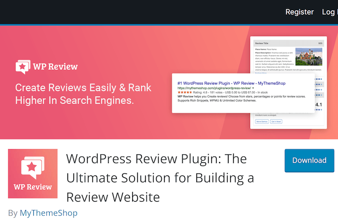 A screenshot of the WP Review plugin download screen.