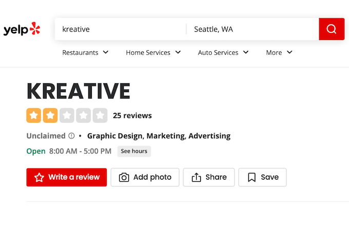 A screenshot of Yelp kreative search result showing a low review rating.