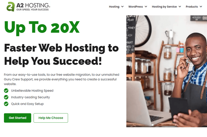 Get started page for A2 hosting with a picture of a man with a laptop. 