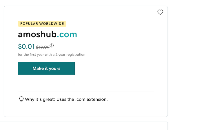Screenshot of adding an example domain to the cart at a discount first year rate. 
