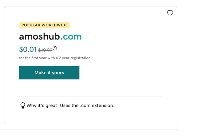Screenshot of adding an example domain to the cart at a discount first year rate.