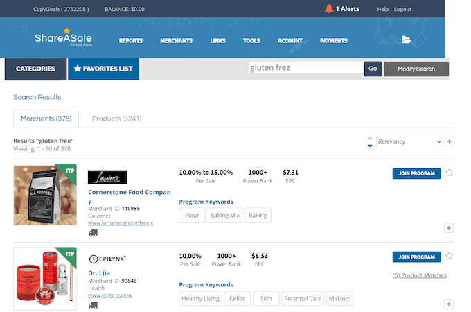 Affiliate marketplace screenshot showing two products.