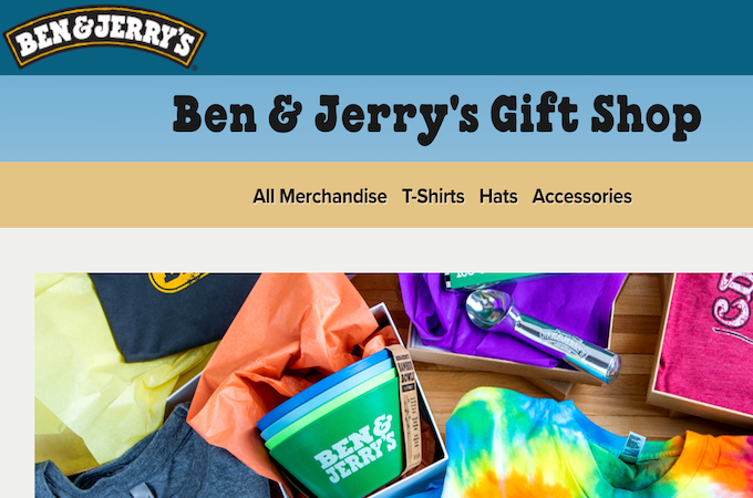 A screenshot of the Ben & Jerry’s Gift Shop home page with colorful branded shirts, ice cream scoops, and cups.