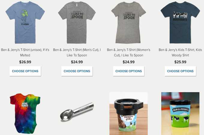 A screenshot showing eight different Ben & Jerry’s products, including t-shirts, a onesie, an ice cream scoop, and a pint lock.
