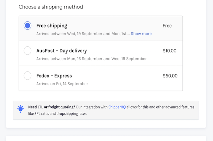A screenshot showing an example of BigCommerce shipping choices at checkout.