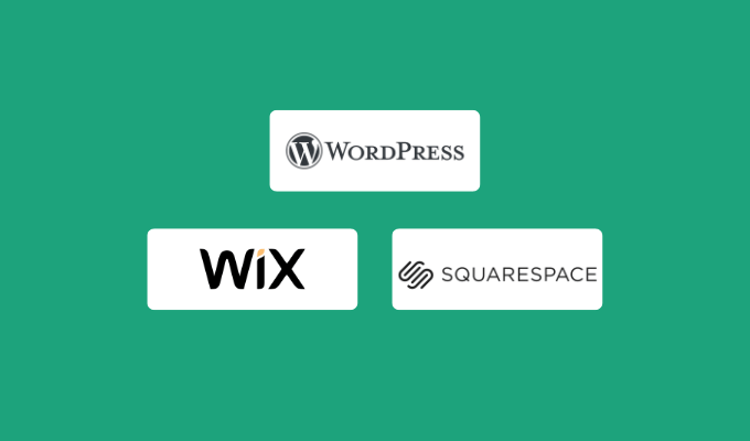 Brand logos for WordPress, Wix, and Squarespace.