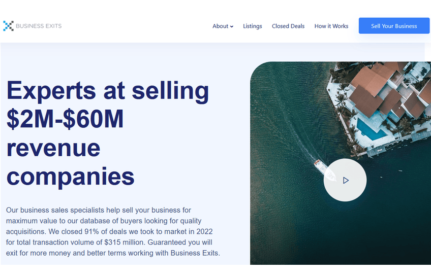 A screenshot of the Business Exits home page, stating that they are "experts at selling $2,000,000 to $60,000,000 revenue companies."