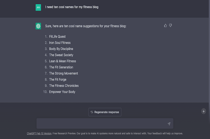 ChatGPT screen with a list of 10 fitness blog names.