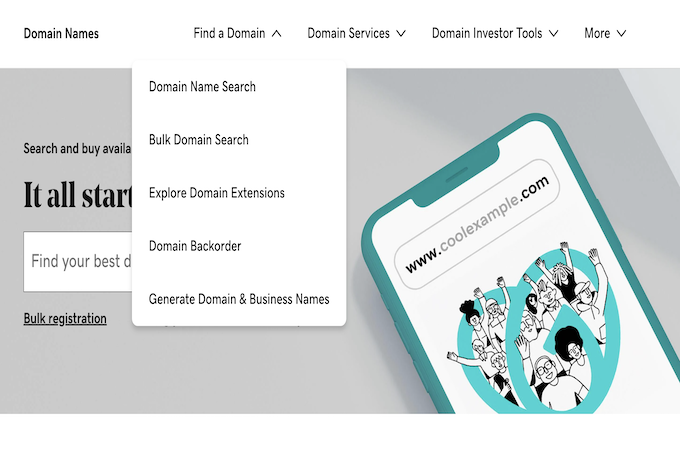 Domain search landing page for GoDaddy with dropdown menu showing.