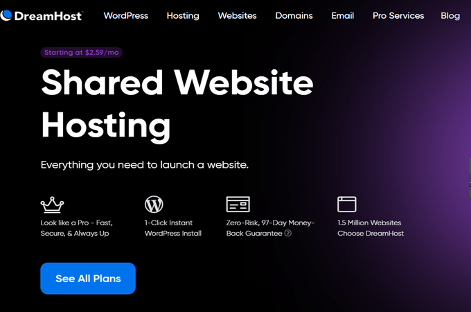 Landing page for DreamHost shared website hosting with a blue button to see all plans.