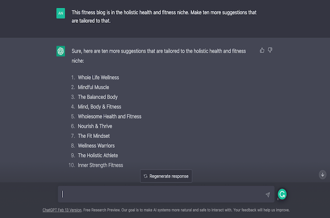 ChatGPT prompt for fitness blog names for holistic health.