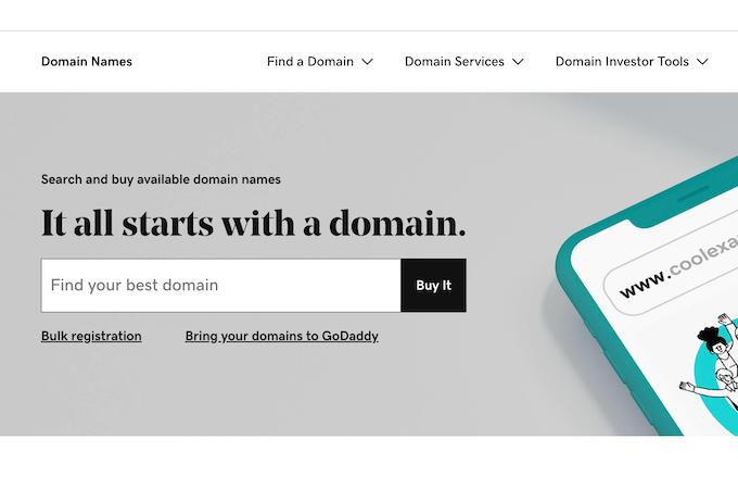 GoDaddy home page with domain search bar.