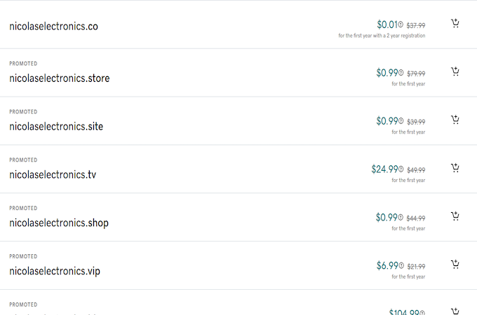 Domain search results with various domains with different extensions.