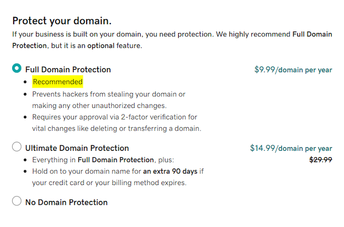 Domain protection options offered by GoDaddy.