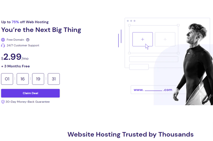 Hostinger pricing deal with a purple claim deal button.