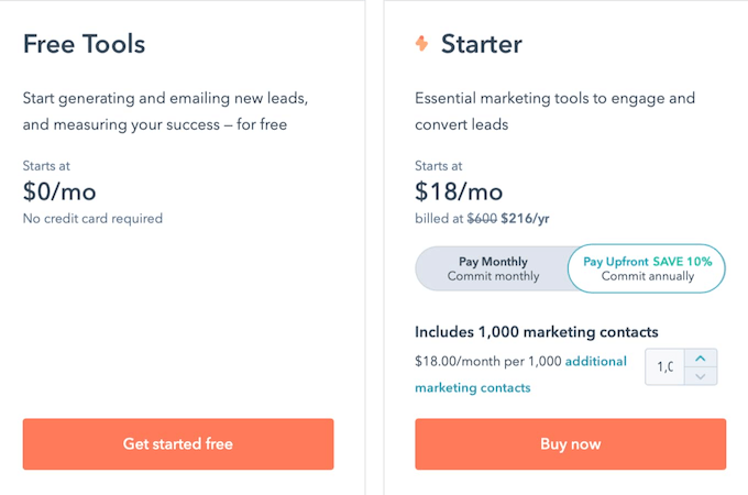 Hubspot pricing page image.