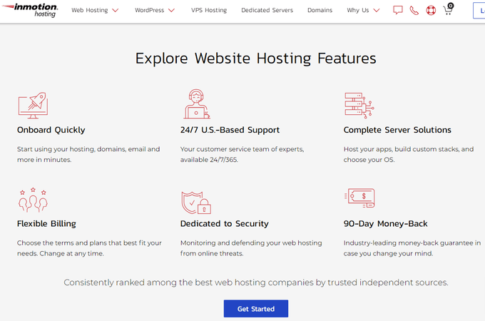 Six features for InMotion website hosting. 