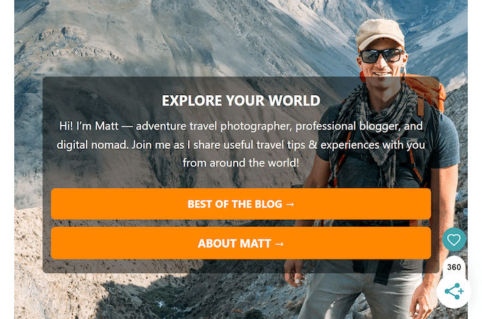 Landing page for a personal blog with a picture of a man on a mountain.