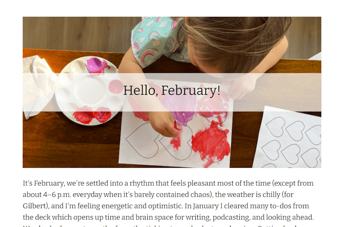Example of a personal blog with a post that says Hello, February!