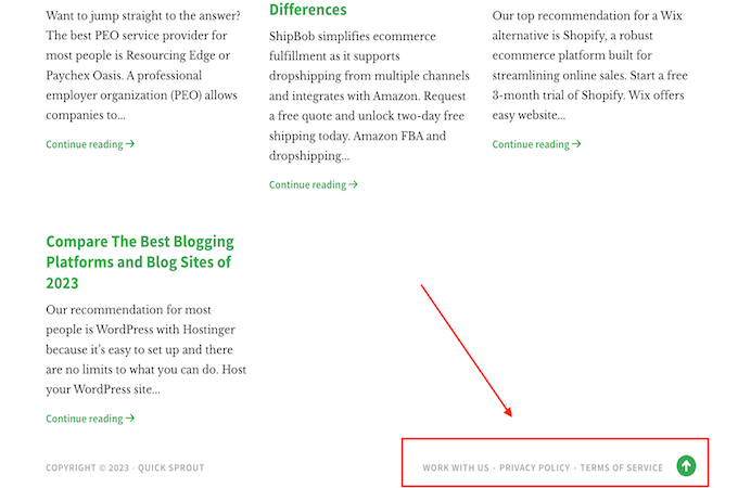 Quicksprout relevant information example with a red arrow.