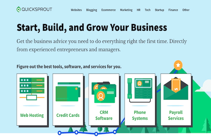 Quicksprout landing page with Start, Build, and Grow Your Business text.