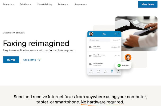 RingCentral fax home page with free trial. 