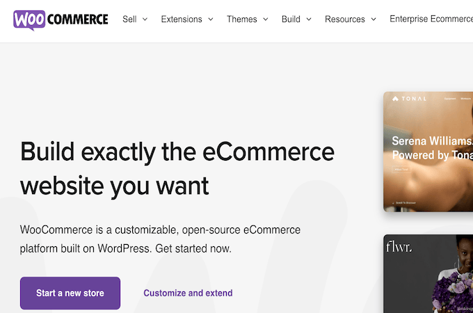 A screenshot that shows a WooCommerce landing page with a purple button and two website examples.