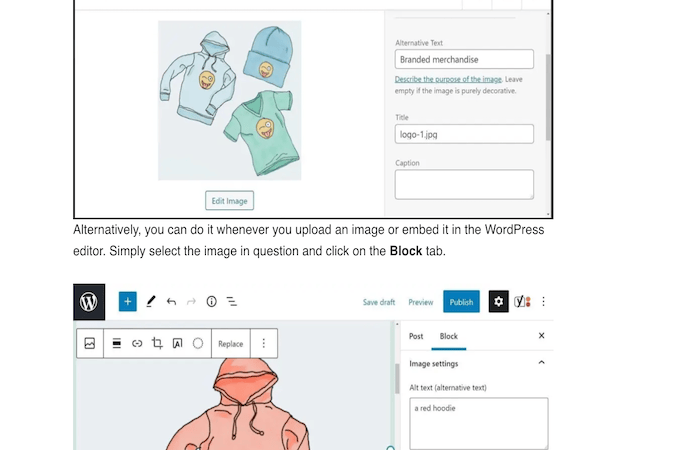 Screenshot of image editing in WordPress with an image of two shirts and one hat and another image of one shirt.