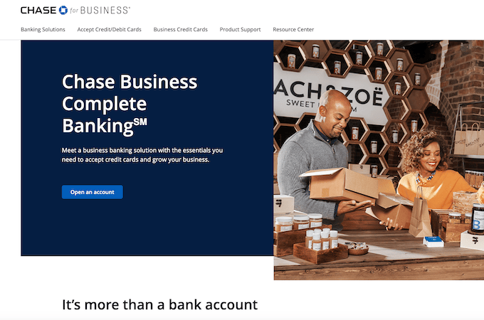 Chase Complete Business Banking landing page with a blue button to open an account. 