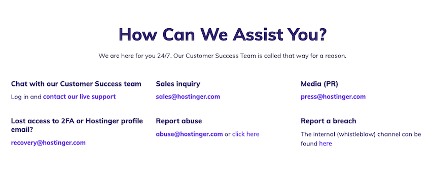 Hostinger customer support page, showing multiple methods for support