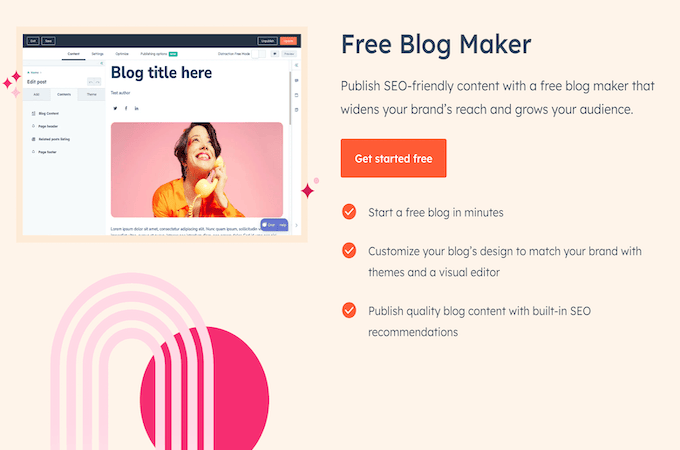 HubSpot free blog maker landing page with an orange button to get started free. 