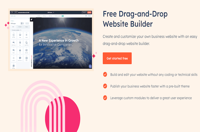 HubSpot drag-and-drop website builder landing page with an orange button to get started free. 