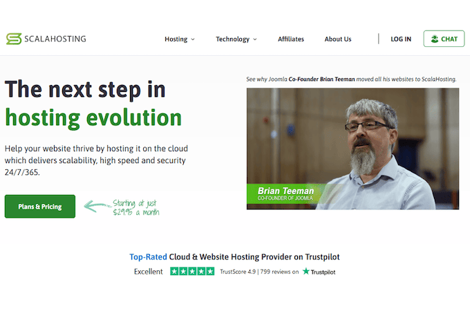 Scala Hosting landing page with a green button for plans & pricing.