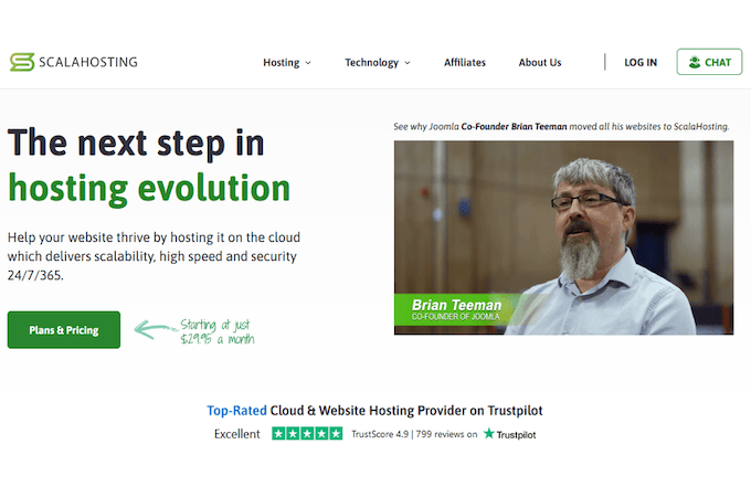 Scala Hosting landing page with a green button for plans & pricing. 