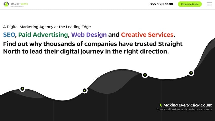 Landing page for Straight North with a description of the services offered, including SEO, branding, and paid advertising. 