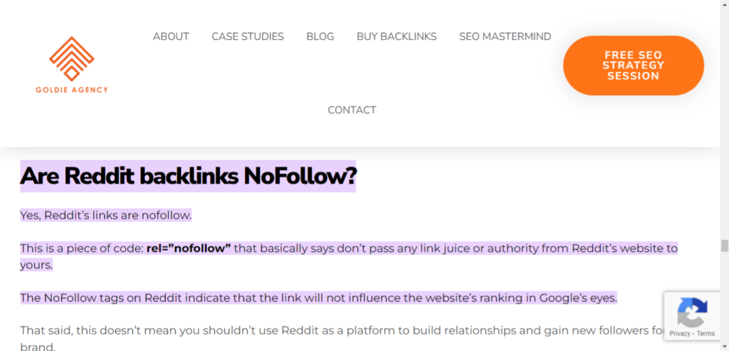 Screenshot of article stating nofollow tag for Reddit links