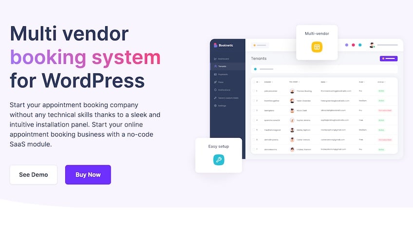 Página de destino del sistema de proveedores booknetic que muestra el tablero de usuarios con reservas, calendario y estadísticas de ingresos.