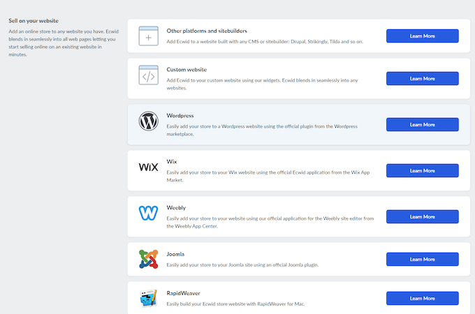 Screenshot of Ecwid integrations grid showcasing various compatible services and platforms.