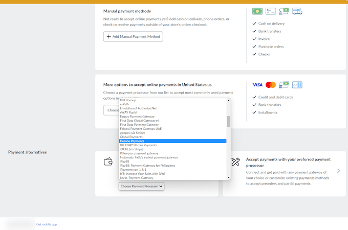 Screenshot of Ecwid's payment gateways.