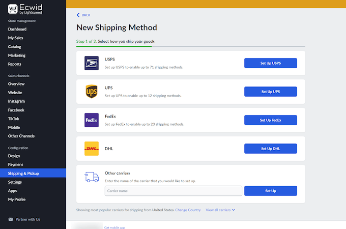 Ecwid's shipment methods interface, providing a variety of options to manage and customize shipping preferences for your online store.