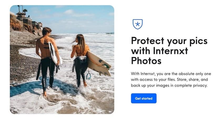 Photo storage landing page with blue get started button.
