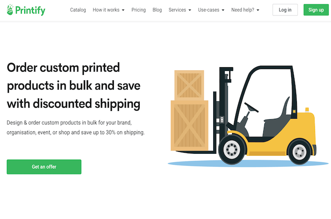 Screenshot of Printify bulk order page with a clipart forklift. 
