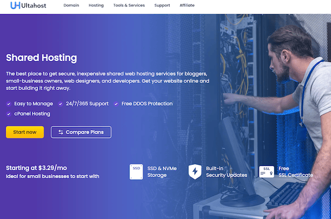 UltaHost shared hosting landing page with a yellow start now button.