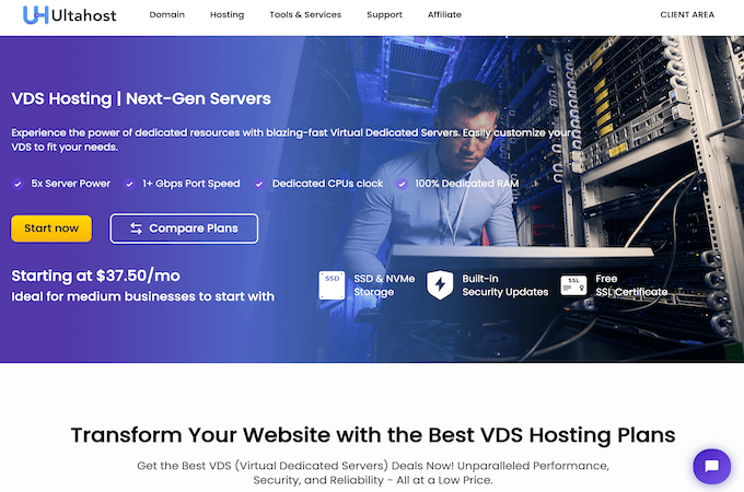UltaHost VDS hosting landing page with a yellow start now button. 