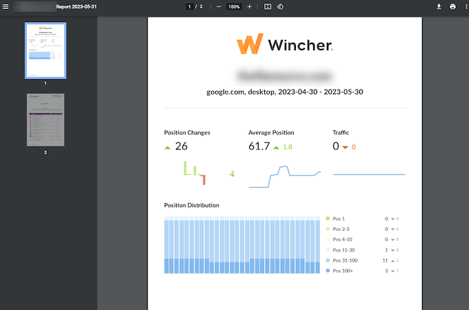 Screenshot of built-in reports feature displaying SEO performance metrics.